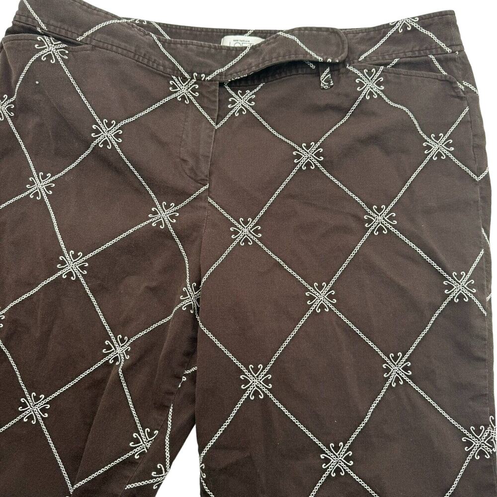 ANN TAYLOR LOFT 16 Embroidered Marisa Brown Crop‎ Pant Diamond Pattern Pockets